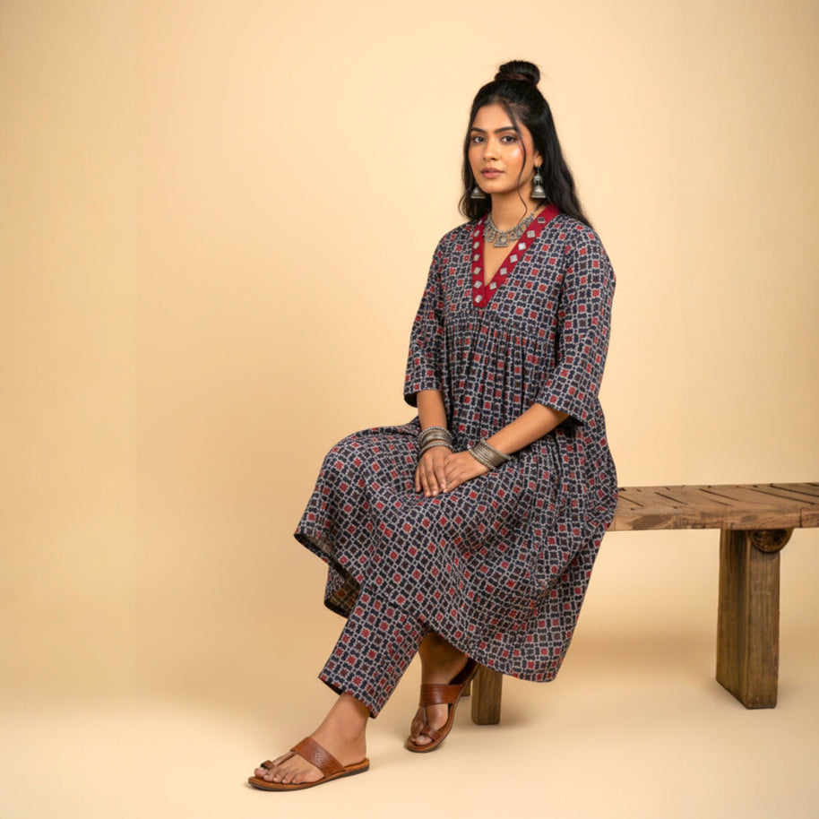 Blue Red Mirror Work Cotton Kurta