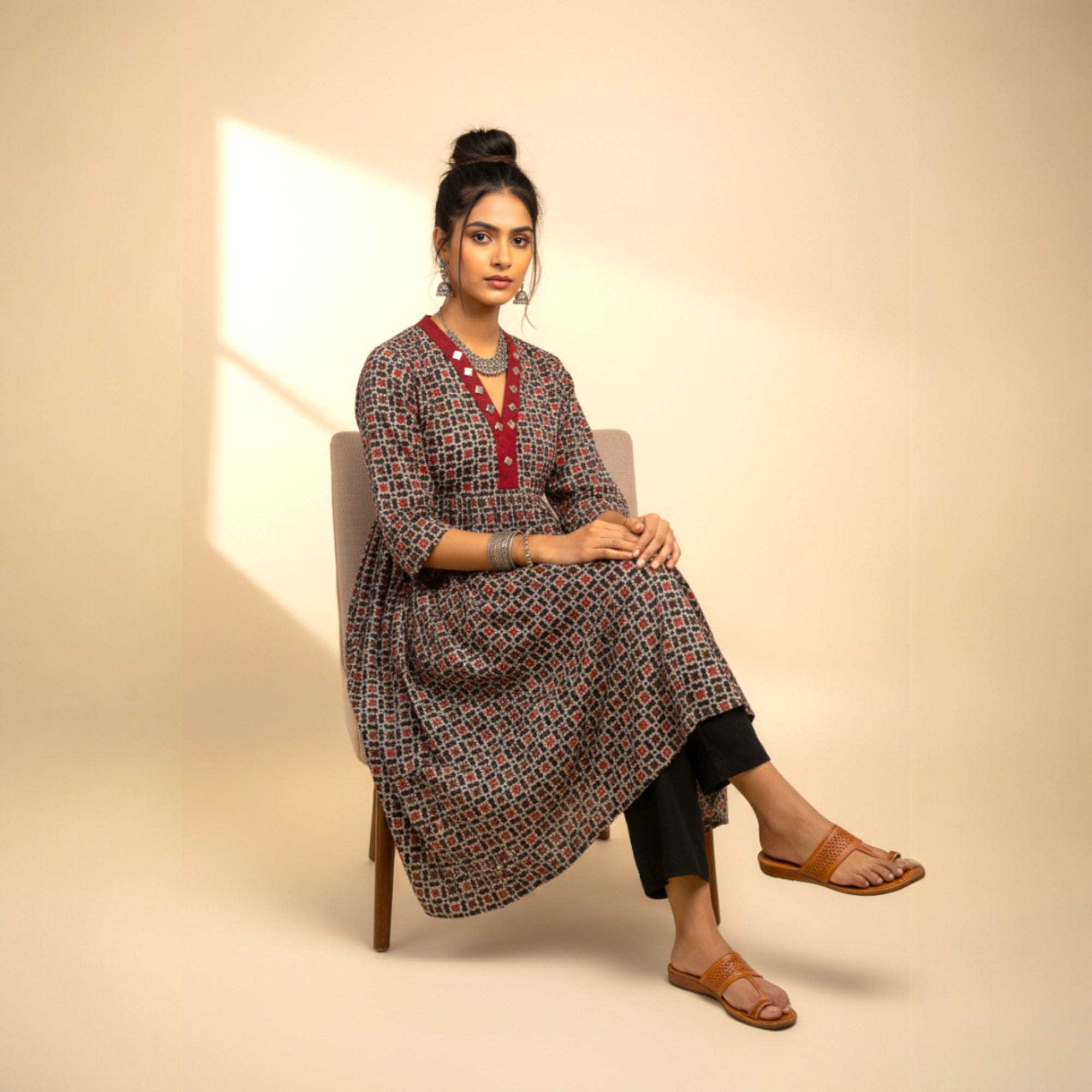 Blue Red Mirror Work Cotton Kurta