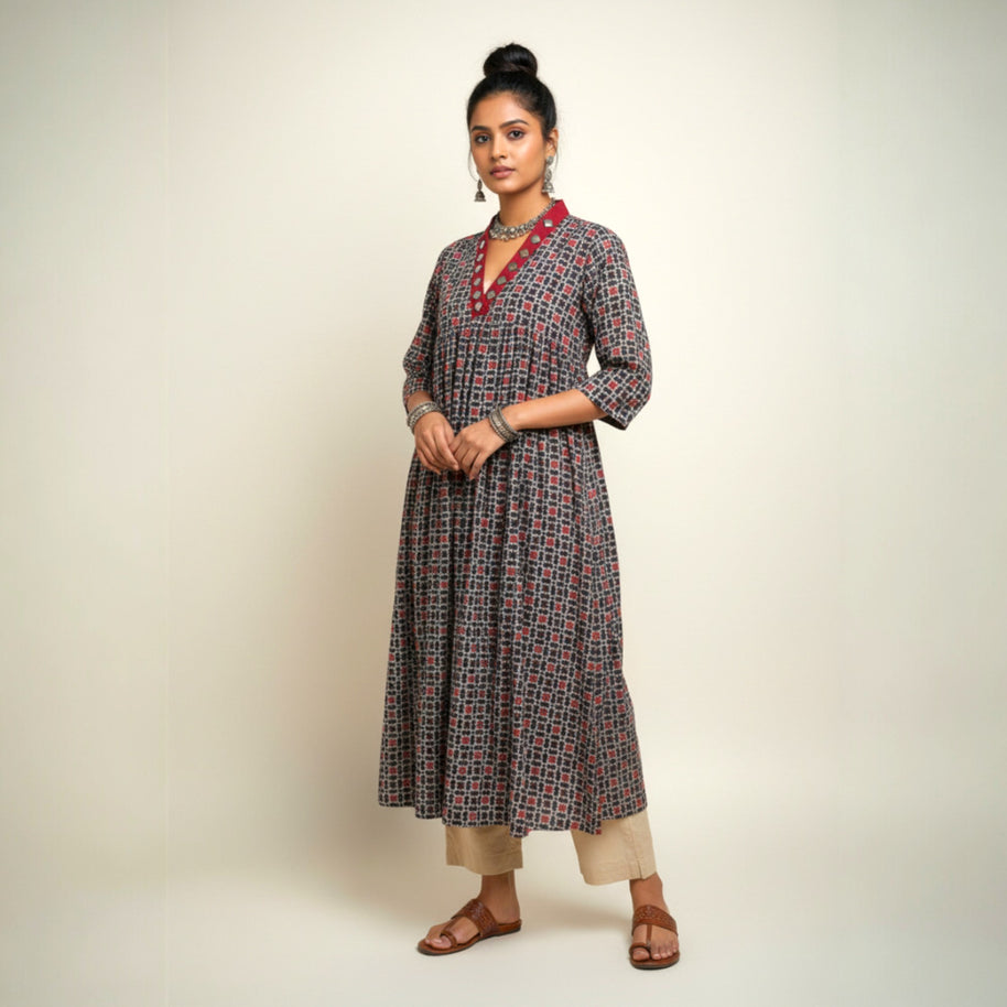 Blue Red Mirror Work Cotton Kurta