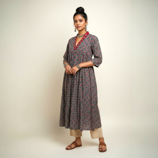 Blue Red Mirror Work Cotton Kurta