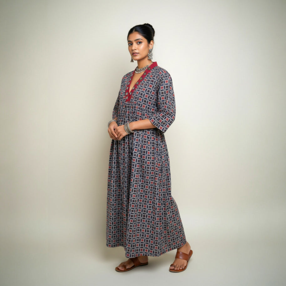 Blue Red Mirror Work Cotton Kurta