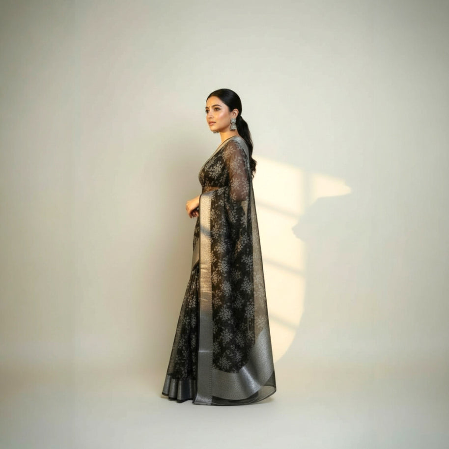 Black Grey Floral Tissue Saree