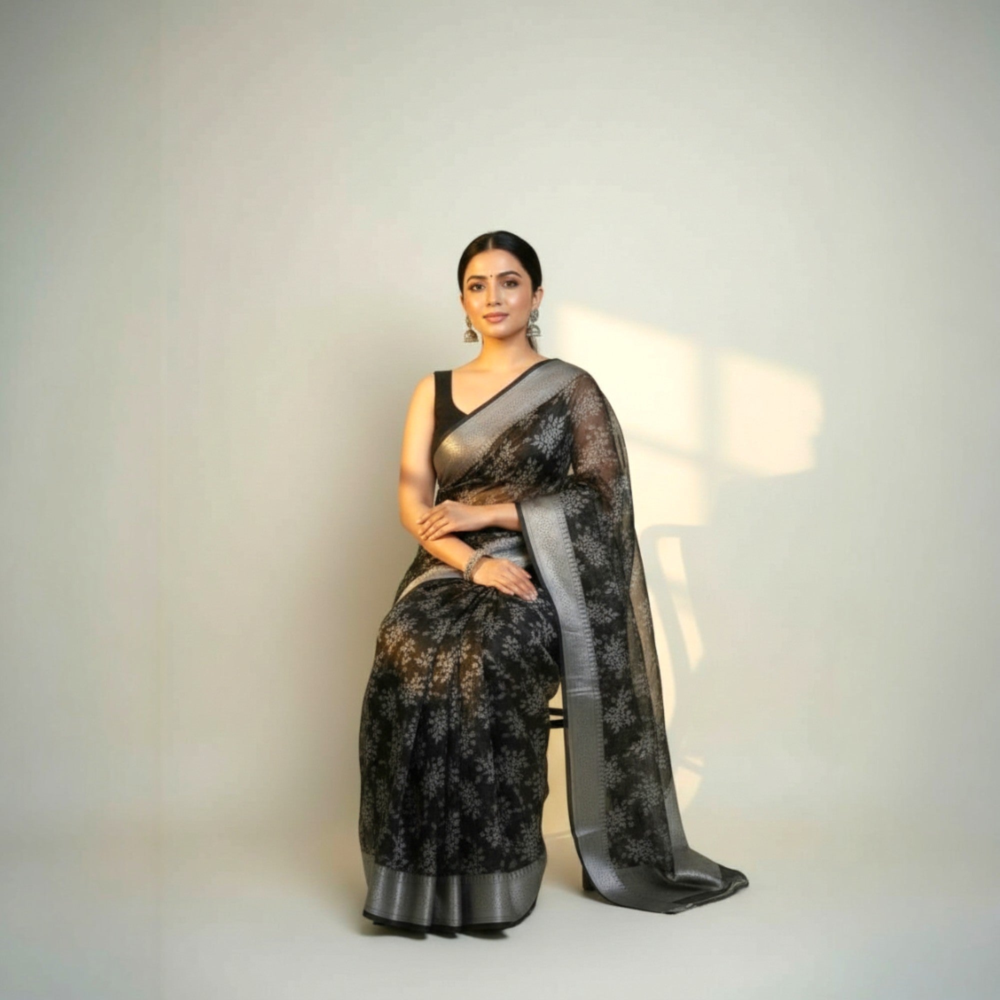 Black Grey Floral Tissue Saree