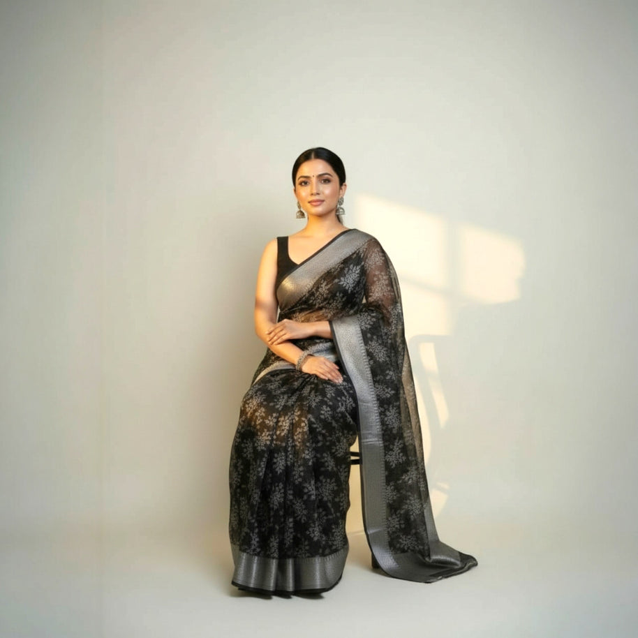 Black Grey Floral Tissue Saree