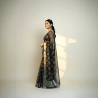 Black Grey Floral Tissue Saree