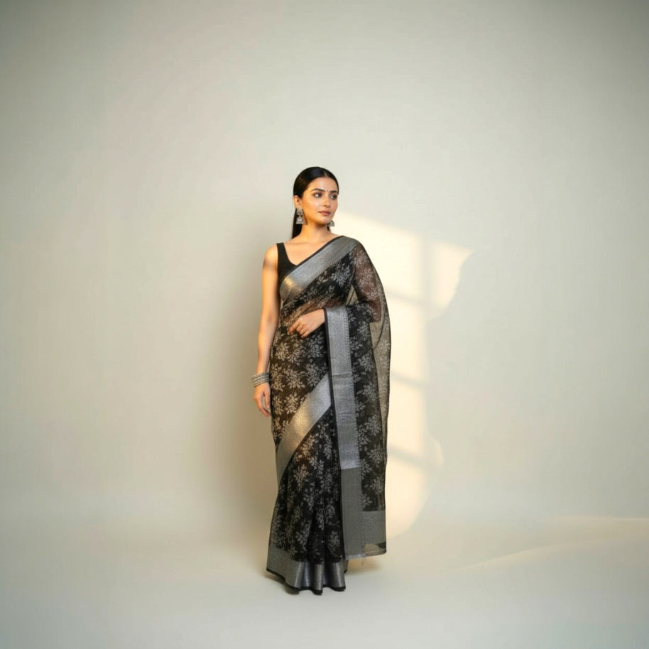 Black Grey Floral Tissue Saree