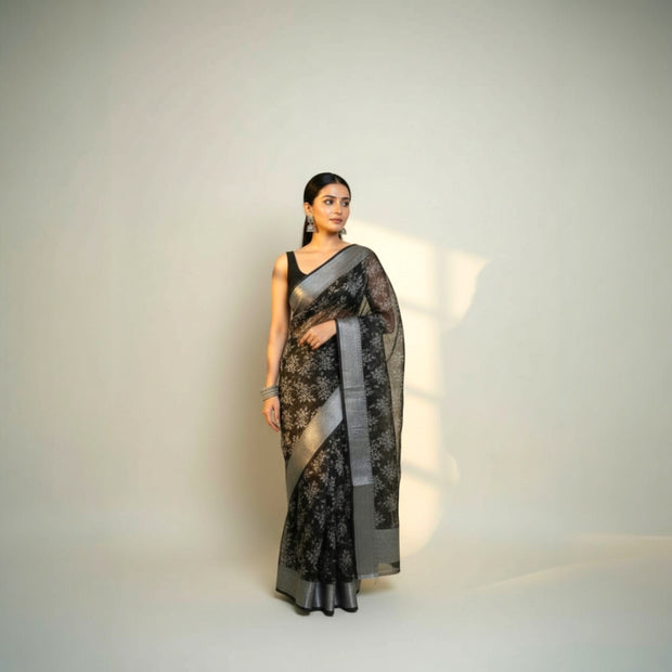 Black Grey Floral Tissue Saree