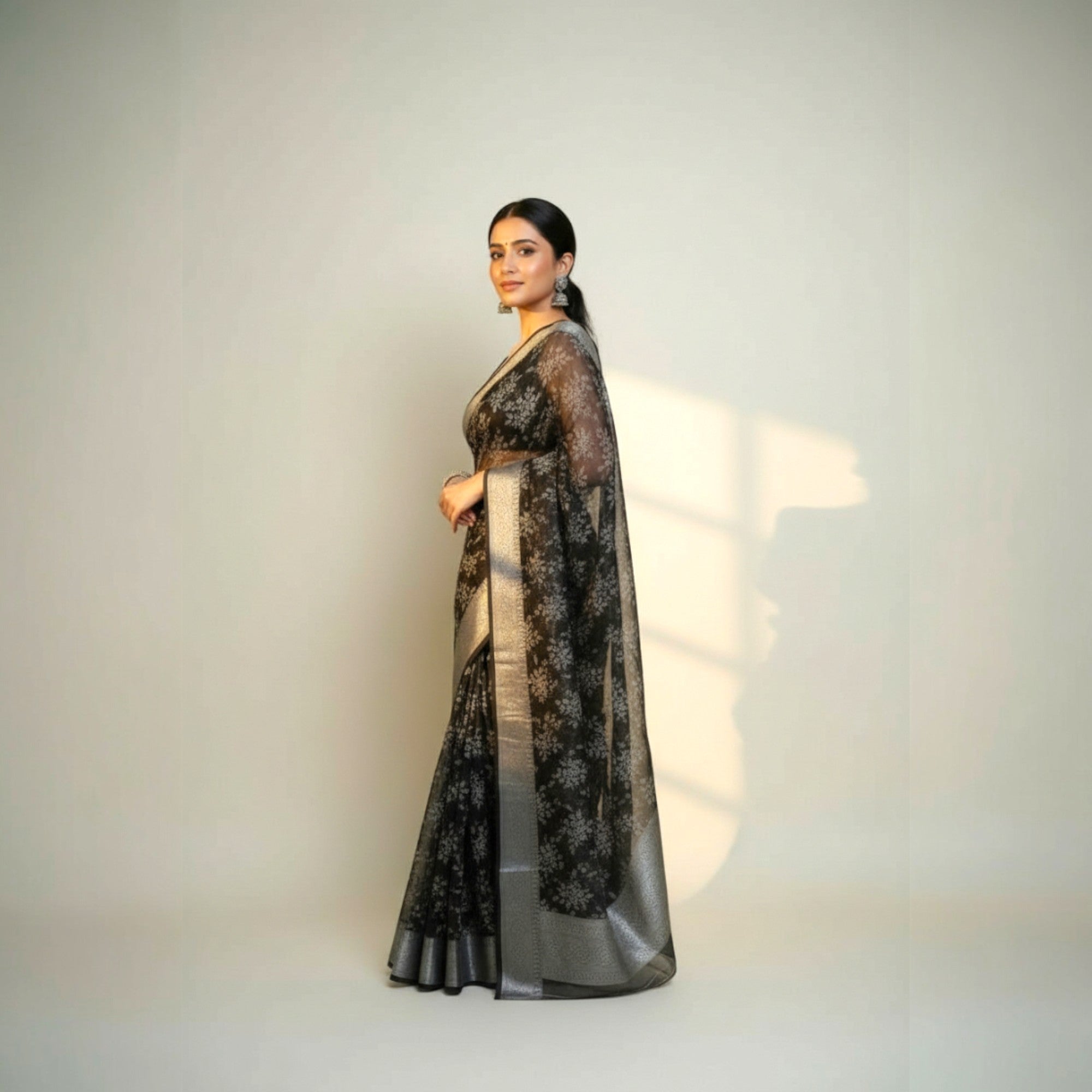 Black Grey Floral Tissue Saree