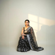 Black Grey Floral Tissue Saree
