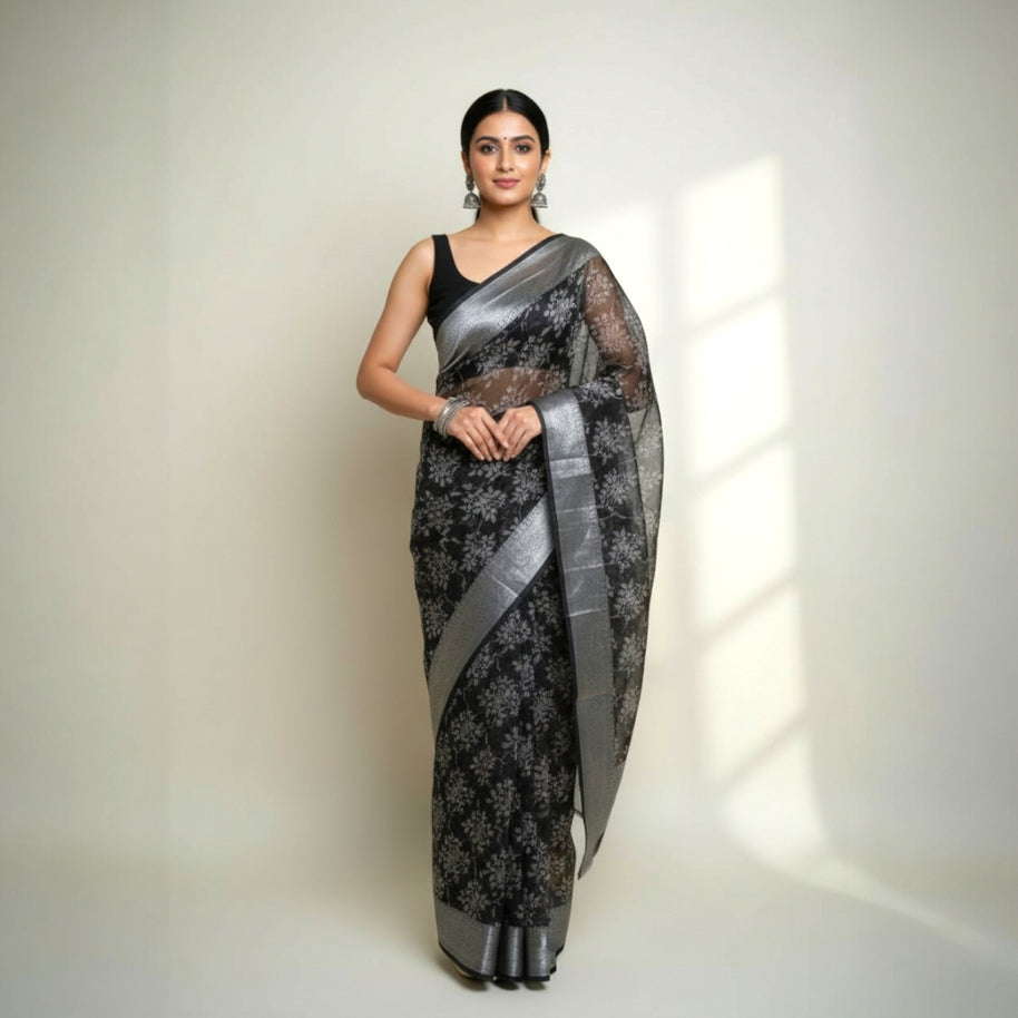 Black Grey Floral Tissue Saree