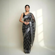 Black Grey Floral Tissue Saree