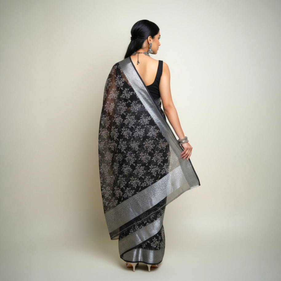 Black Grey Floral Tissue Saree