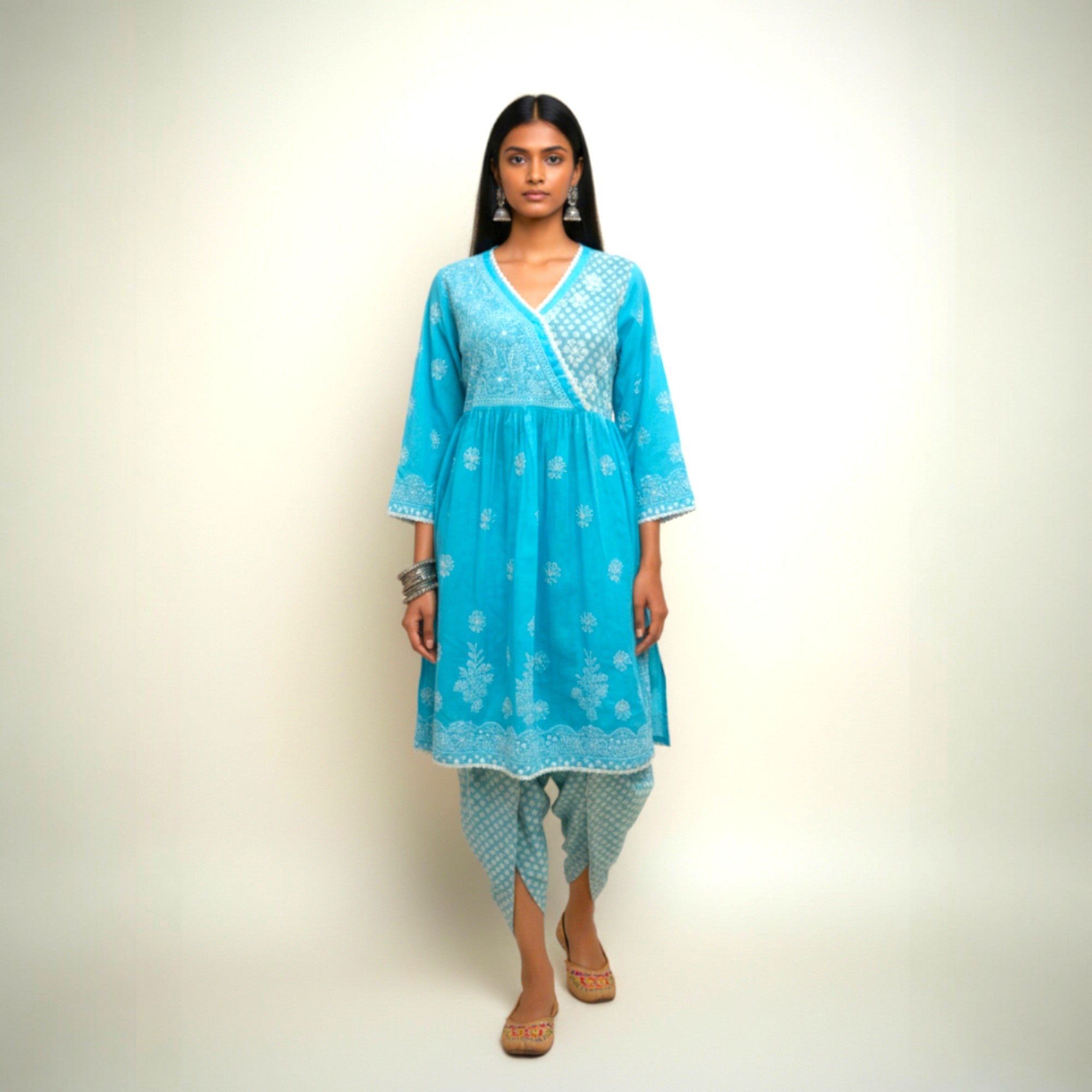 Blue White Chikankari Cotton Kurti Set