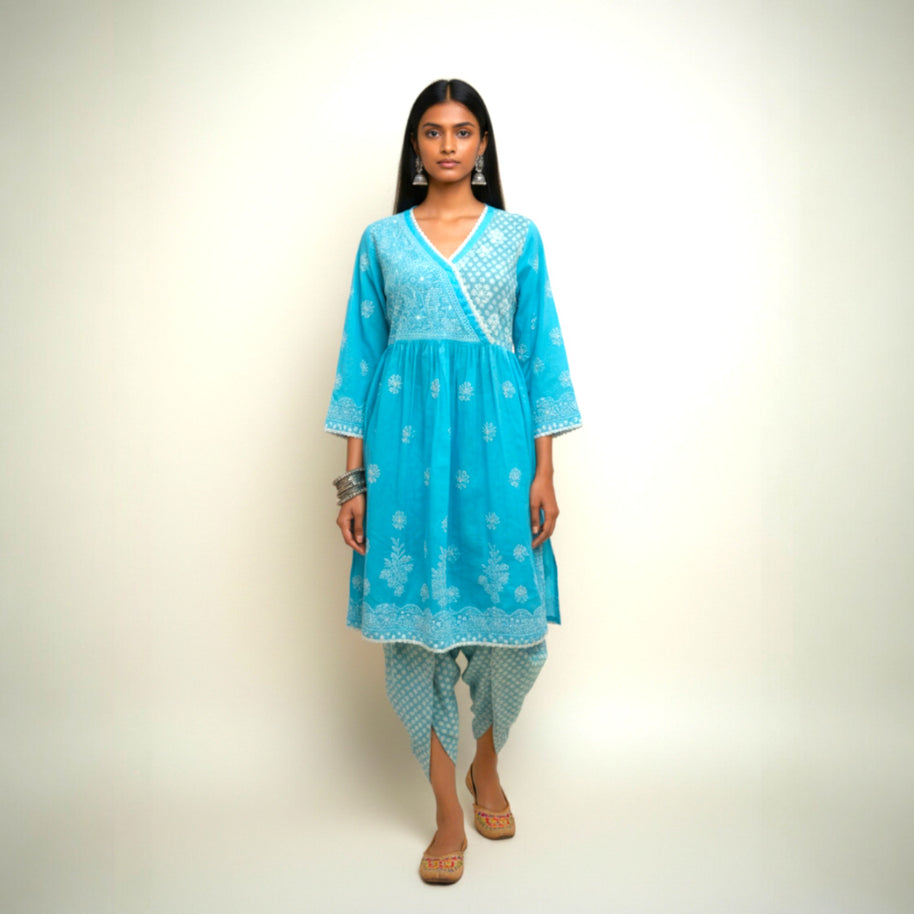 Blue White Chikankari Cotton Kurti Set