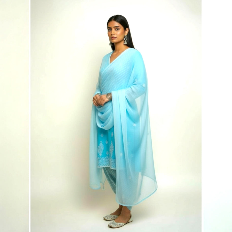 Blue White Chikankari Cotton Kurti Set