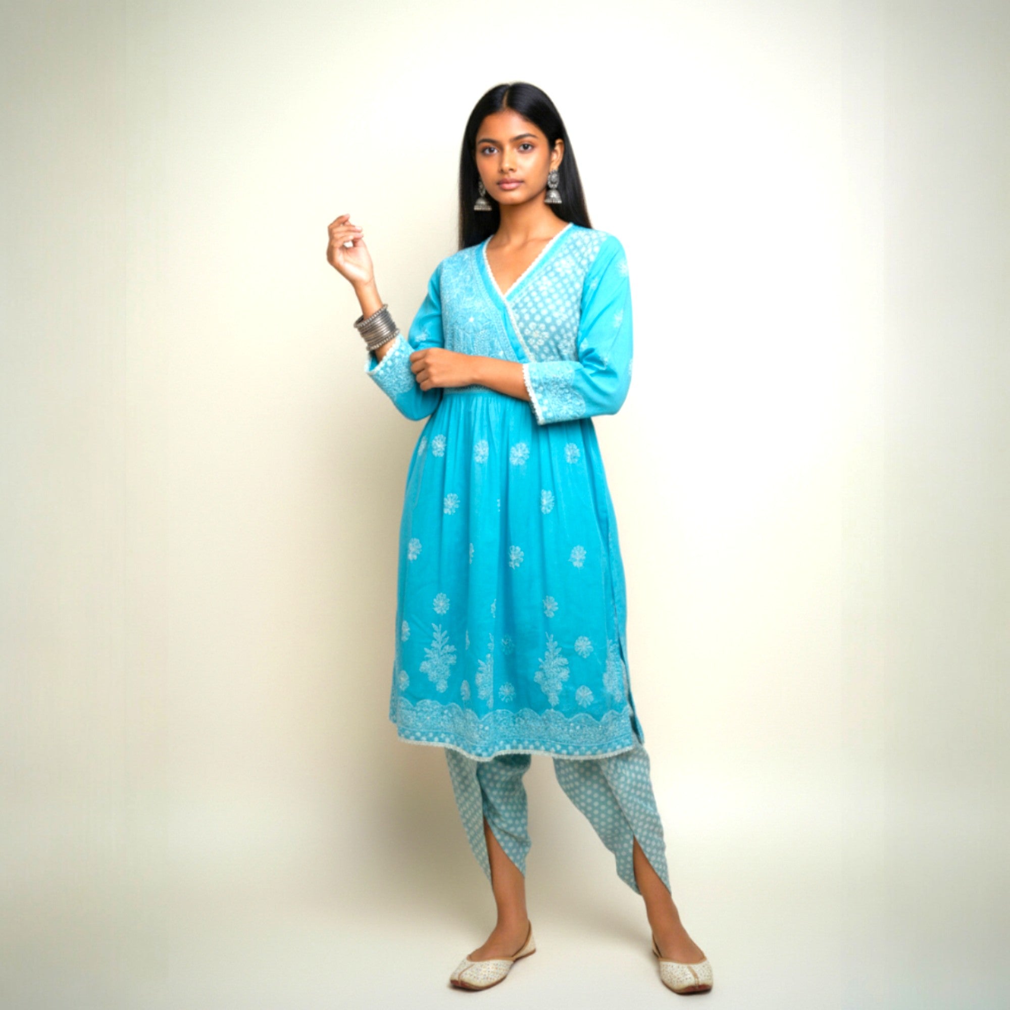 Blue White Chikankari Cotton Kurti Set