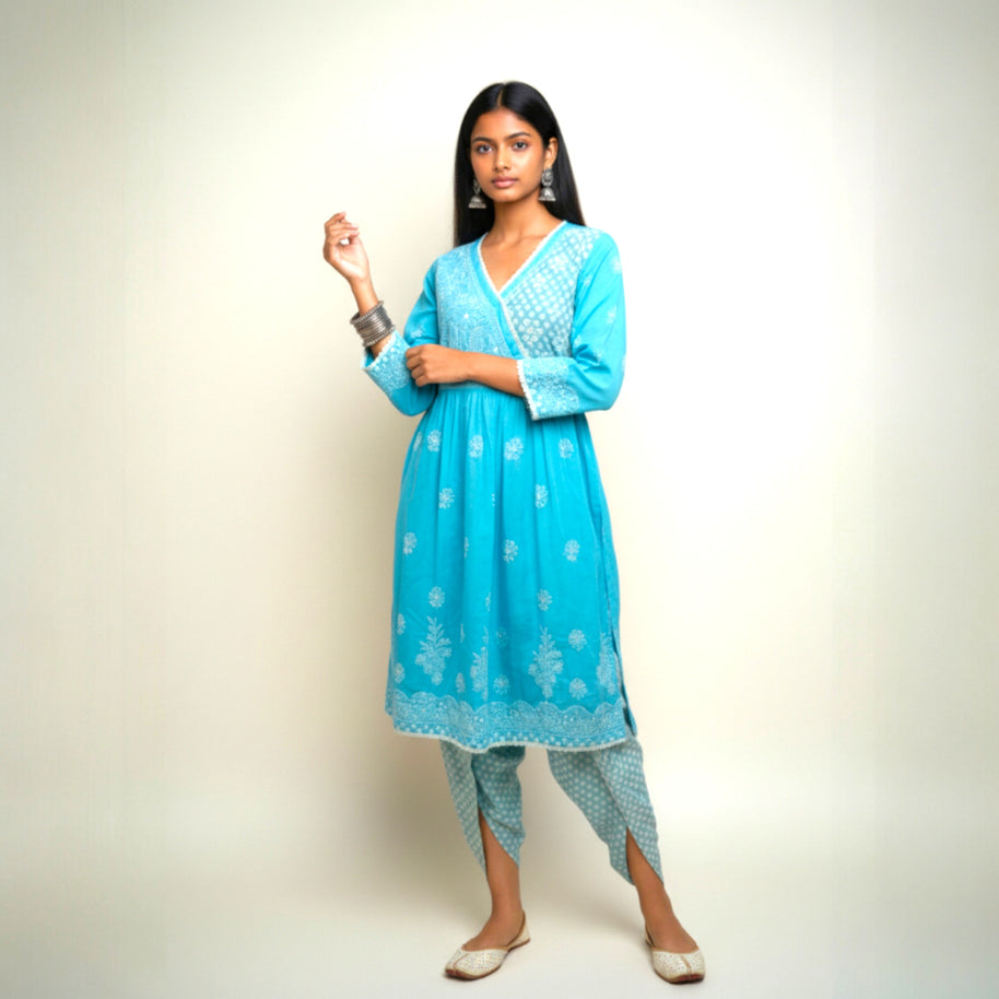 Blue White Chikankari Cotton Kurti Set