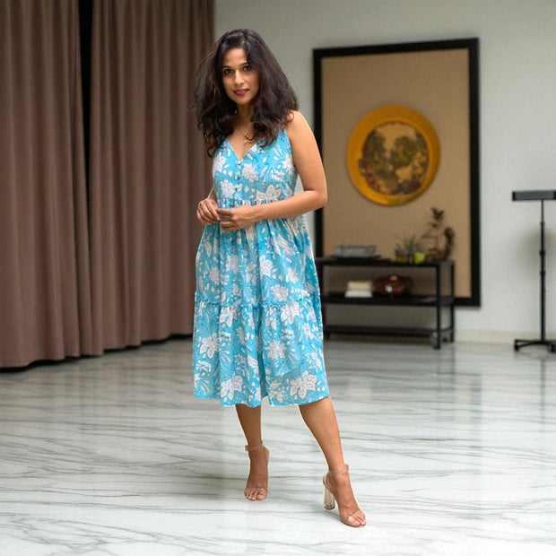 Sky Blue Smocking Handblock Cotton Strap Dress