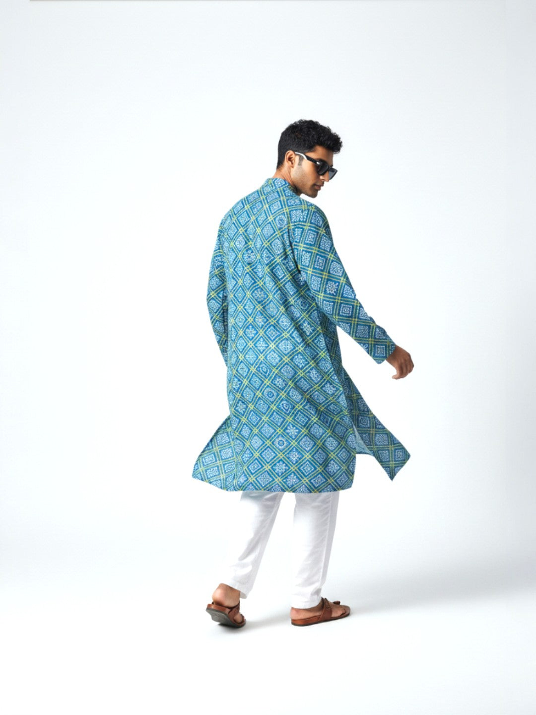 Blue Yellow Bandhani Cotton Kurta