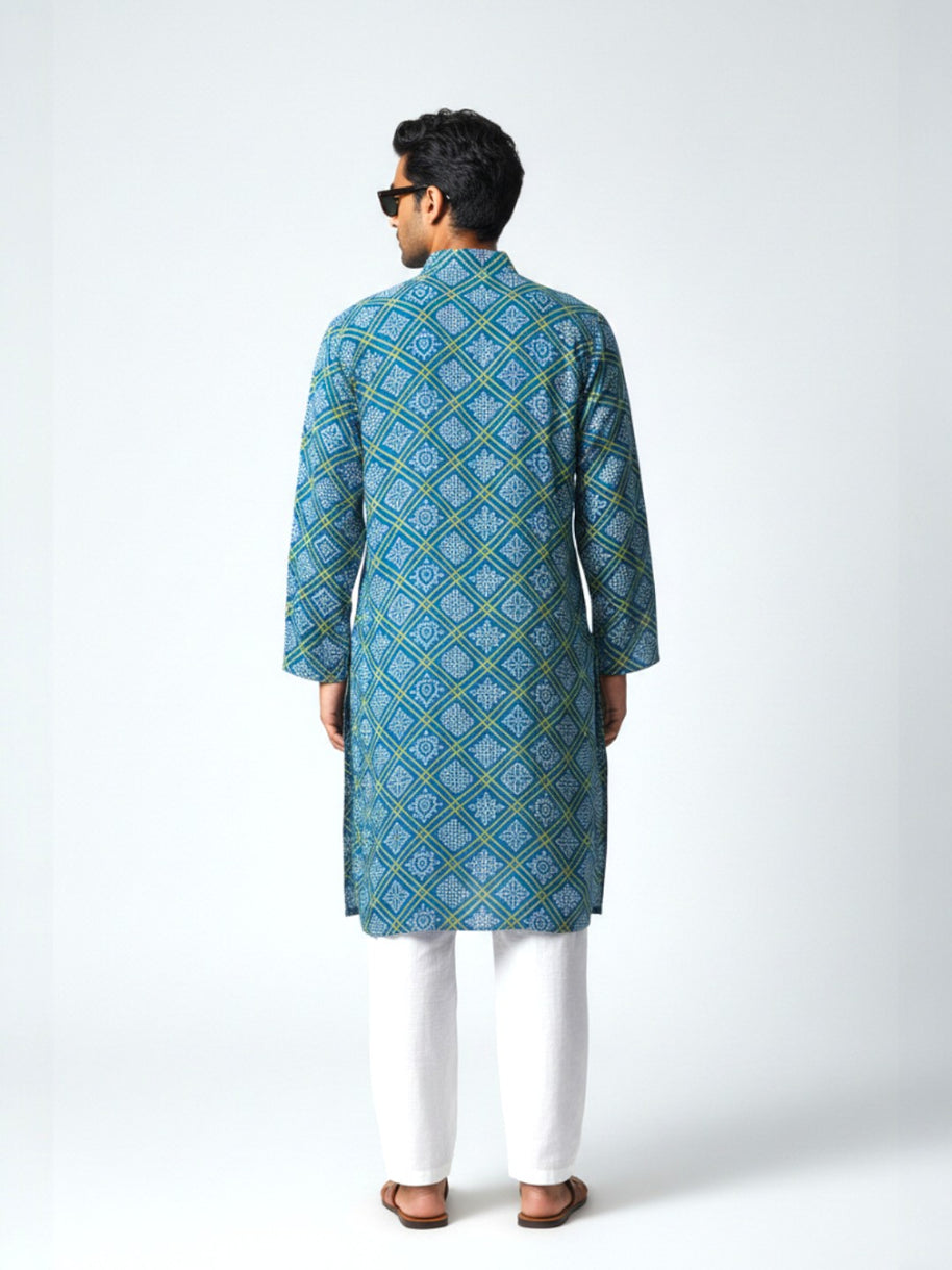 Blue Yellow Bandhani Cotton Kurta