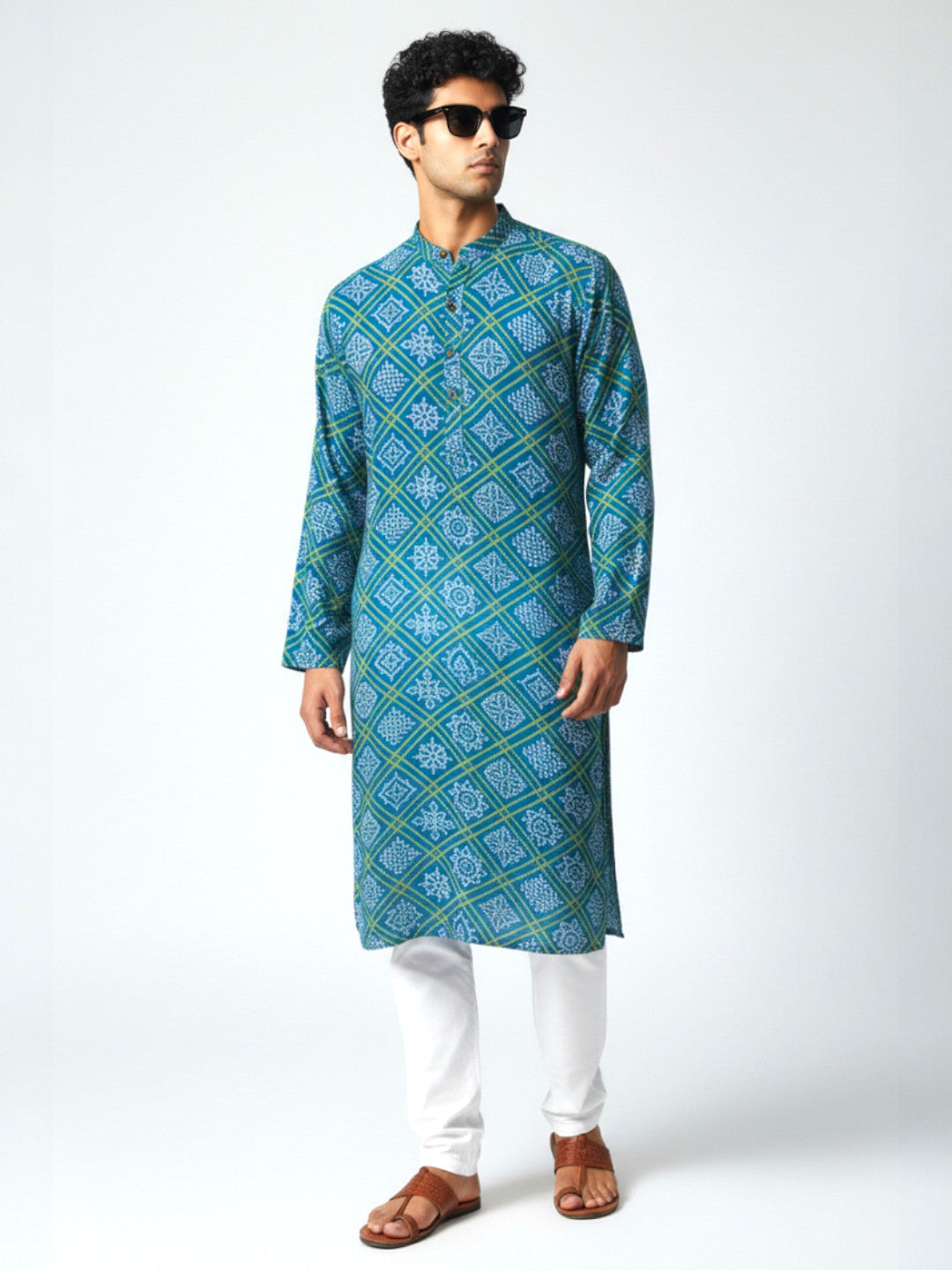 Blue Yellow Bandhani Cotton Kurta