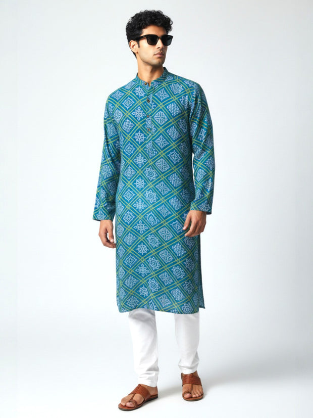 Blue Yellow Bandhani Cotton Kurta