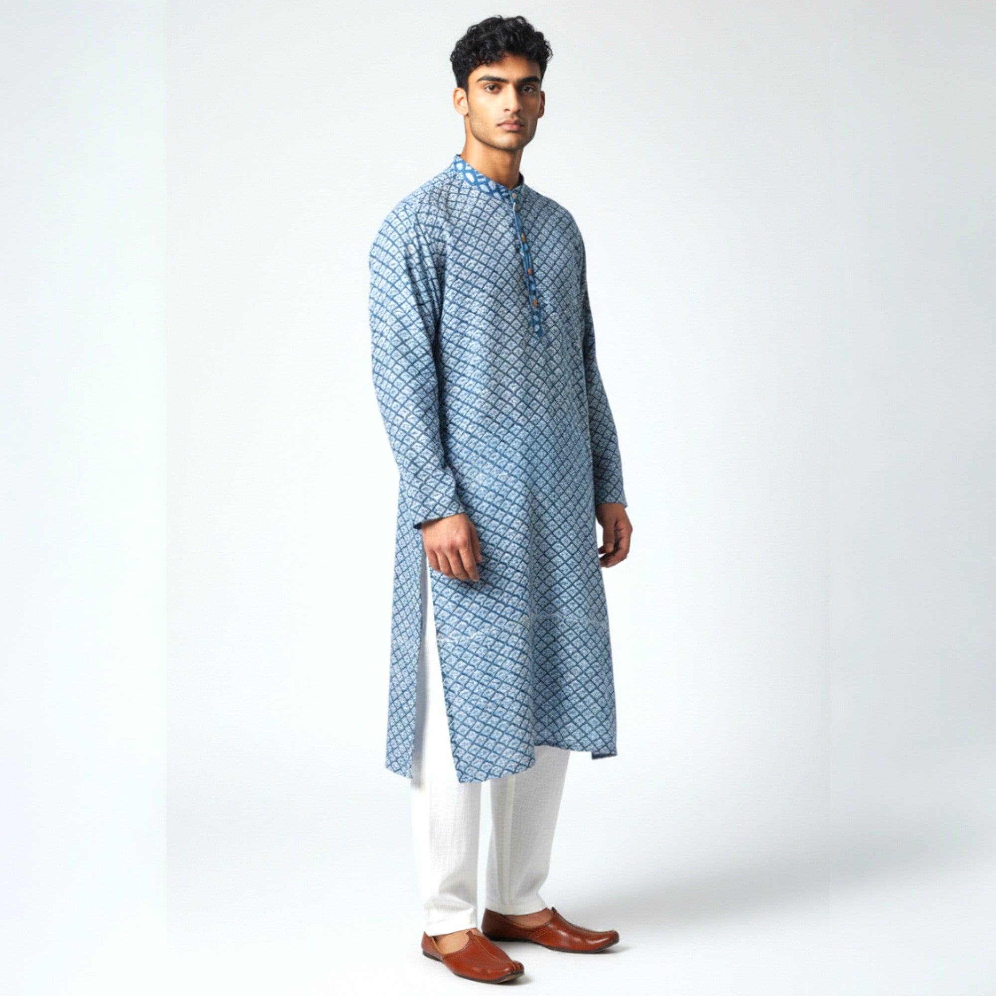 Blue White Handblock Cotton Kurta