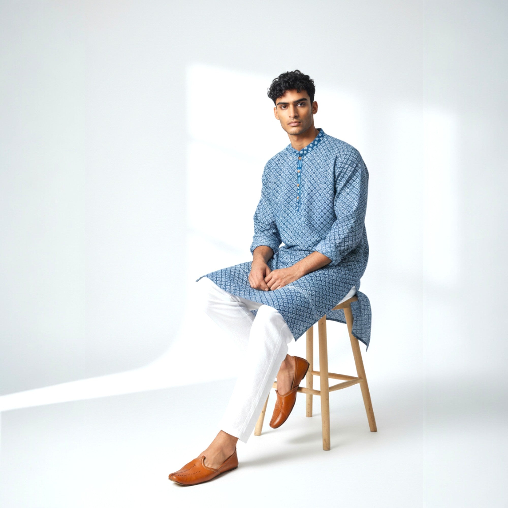 Blue White Handblock Cotton Kurta