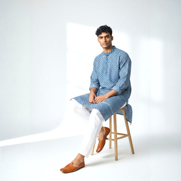 Blue White Handblock Cotton Kurta