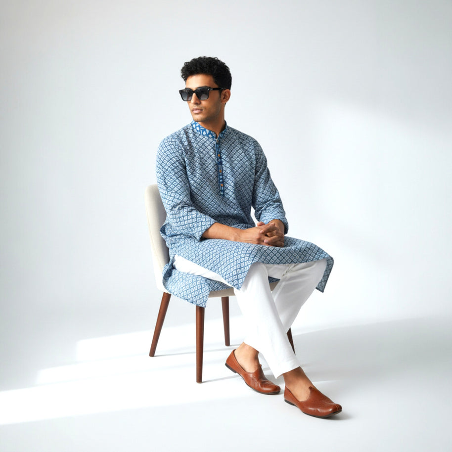 Blue White Handblock Cotton Kurta
