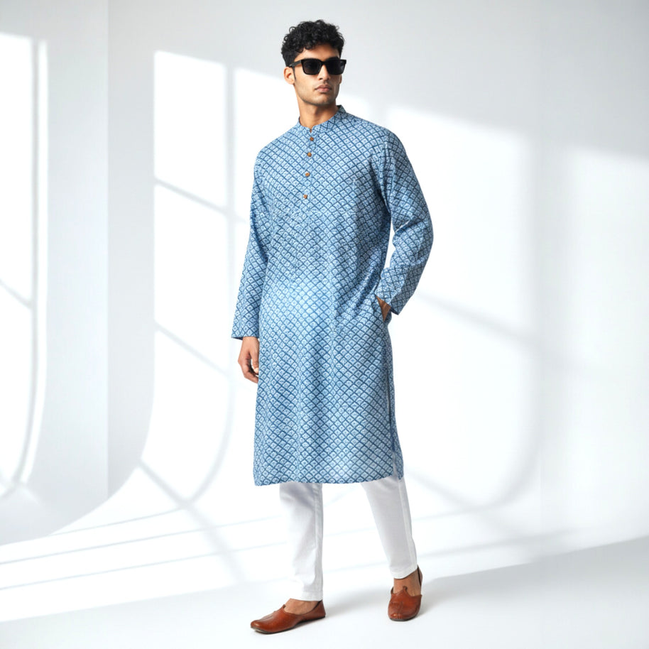 Blue White Handblock Cotton Kurta