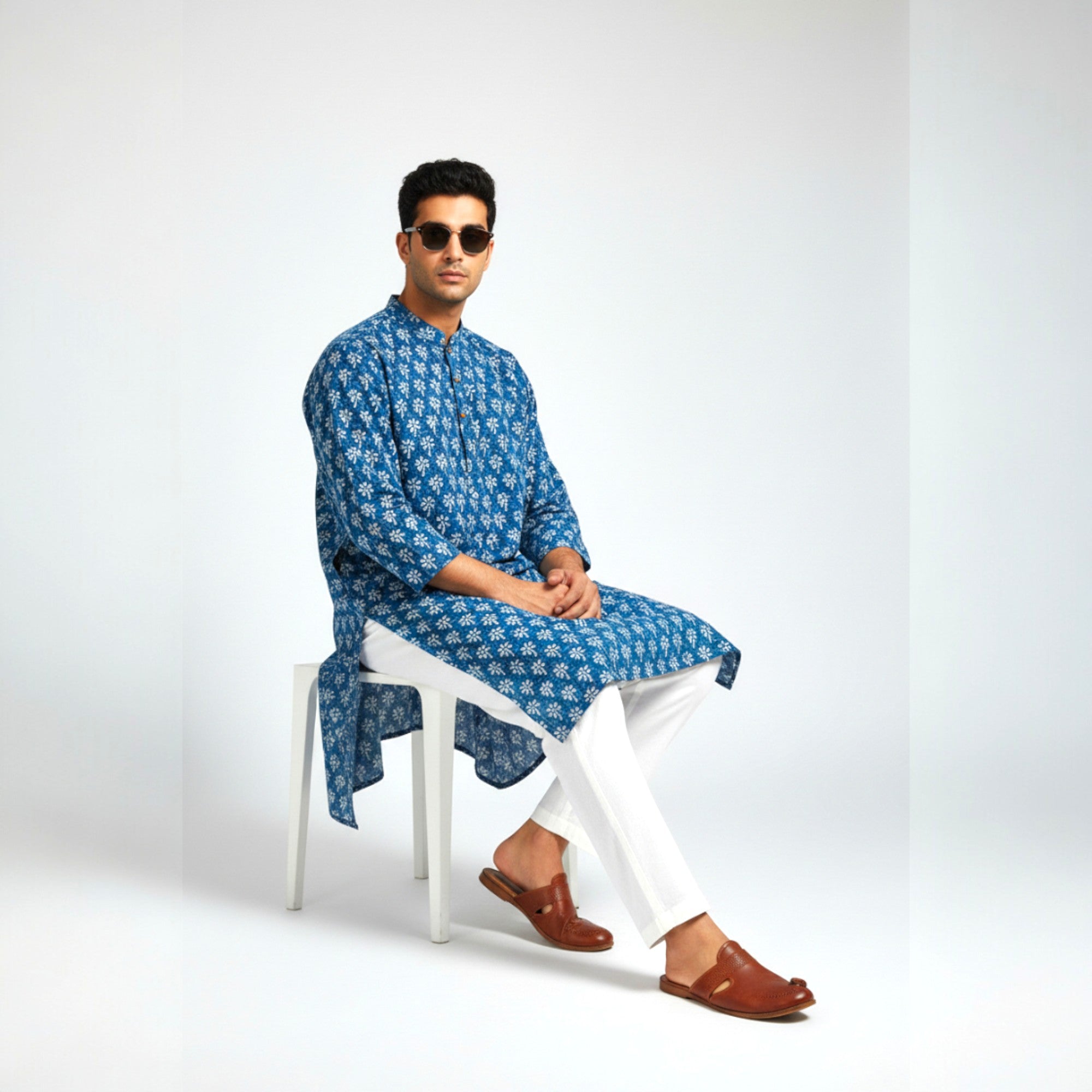 Blue Floral Handblock Cotton Kurta