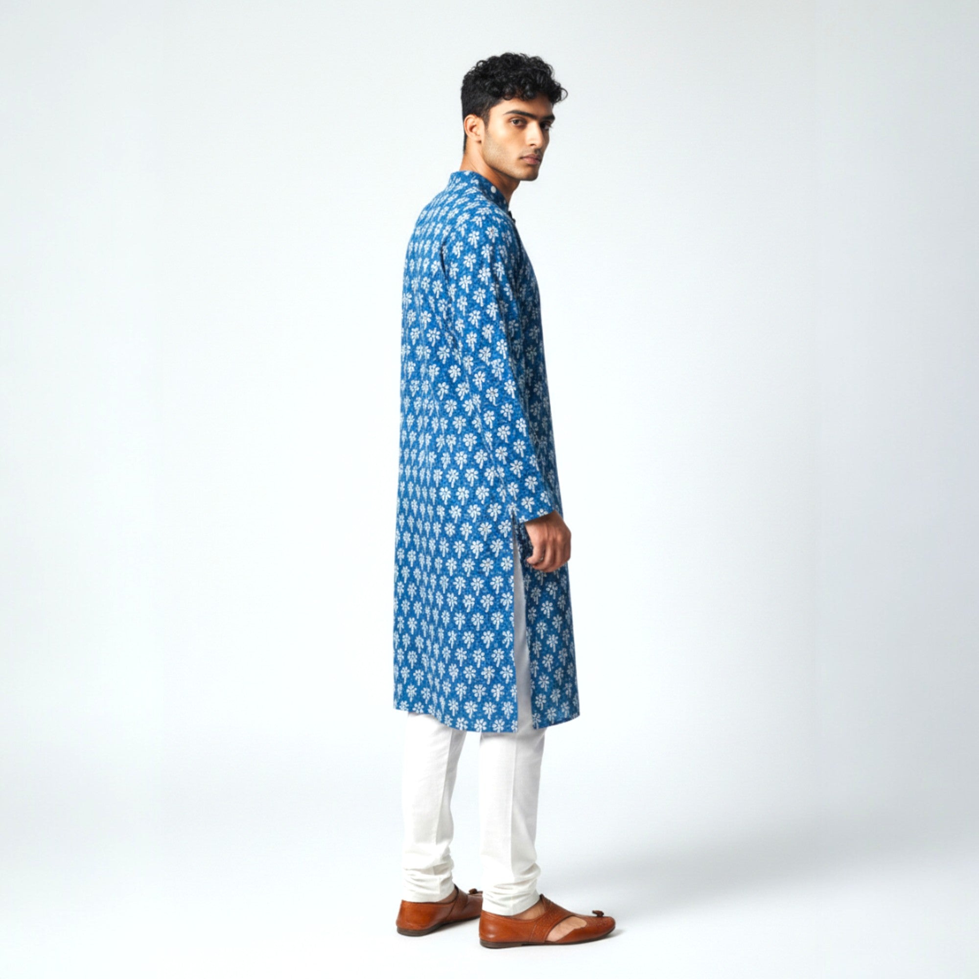 Blue Floral Handblock Cotton Kurta