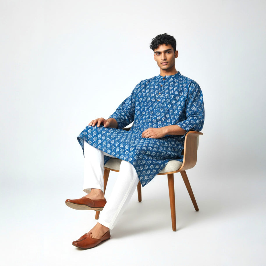 Blue Floral Handblock Cotton Kurta
