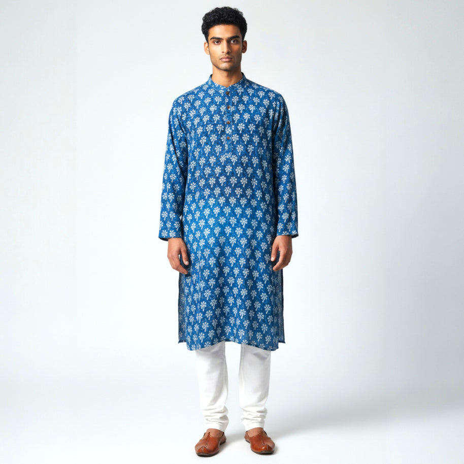 Blue Floral Handblock Cotton Kurta