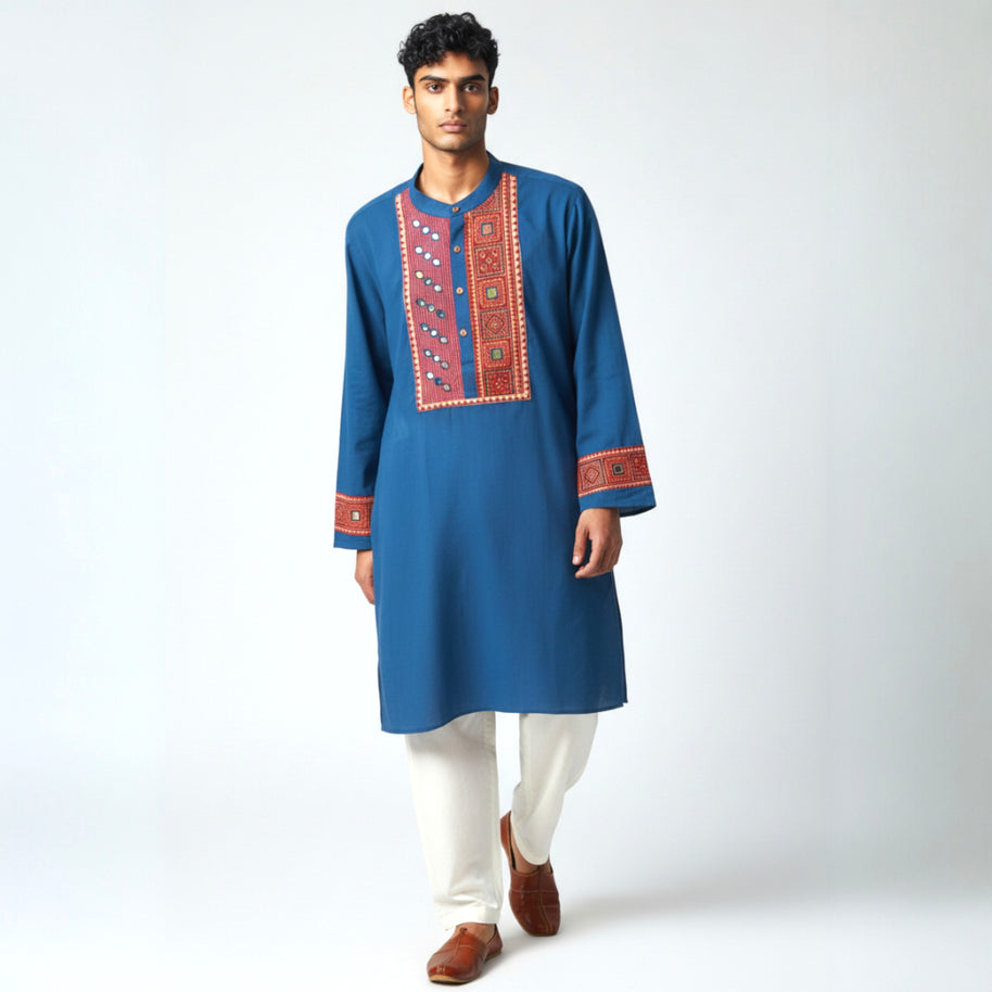 Blue Mirror Work Cotton Kurta