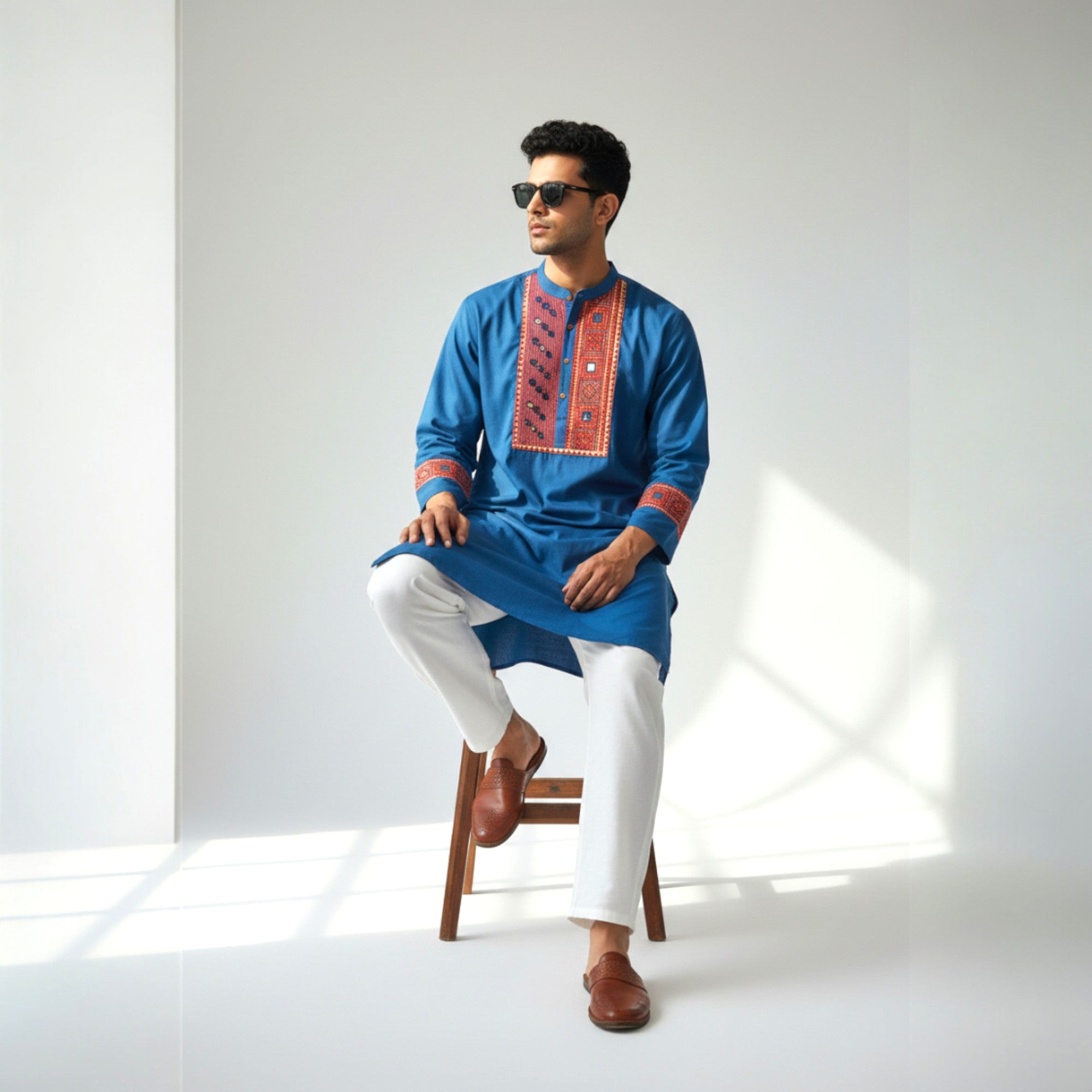 Blue Mirror Work Cotton Kurta