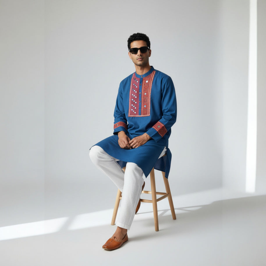 Blue Mirror Work Cotton Kurta