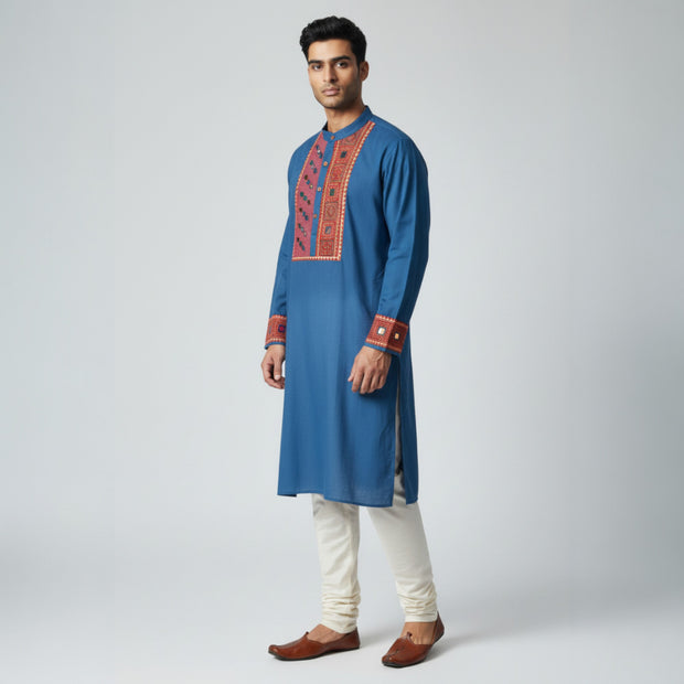 Blue Mirror Work Cotton Kurta