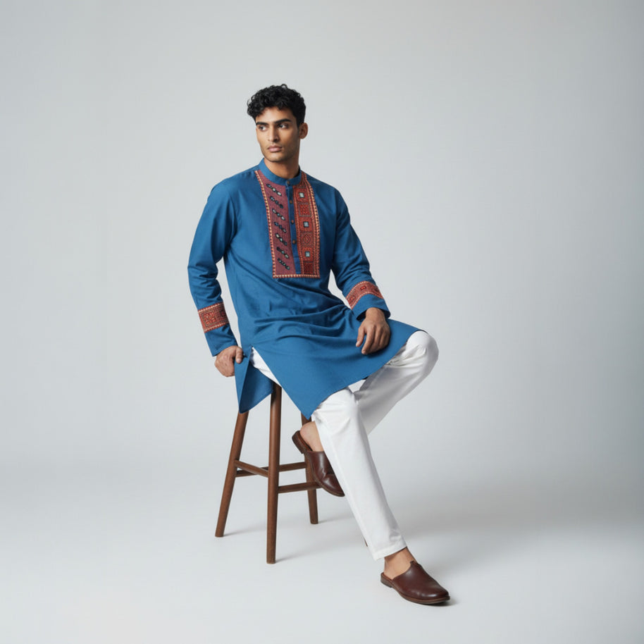 Blue Mirror Work Cotton Kurta