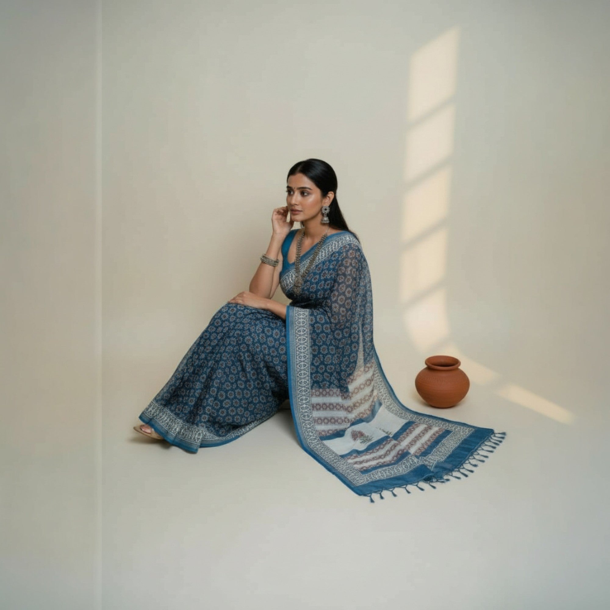 Blue Red Floral Handblock Print Cotton Saree