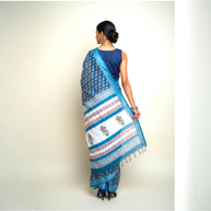 Blue Red Floral Handblock Print Cotton Saree