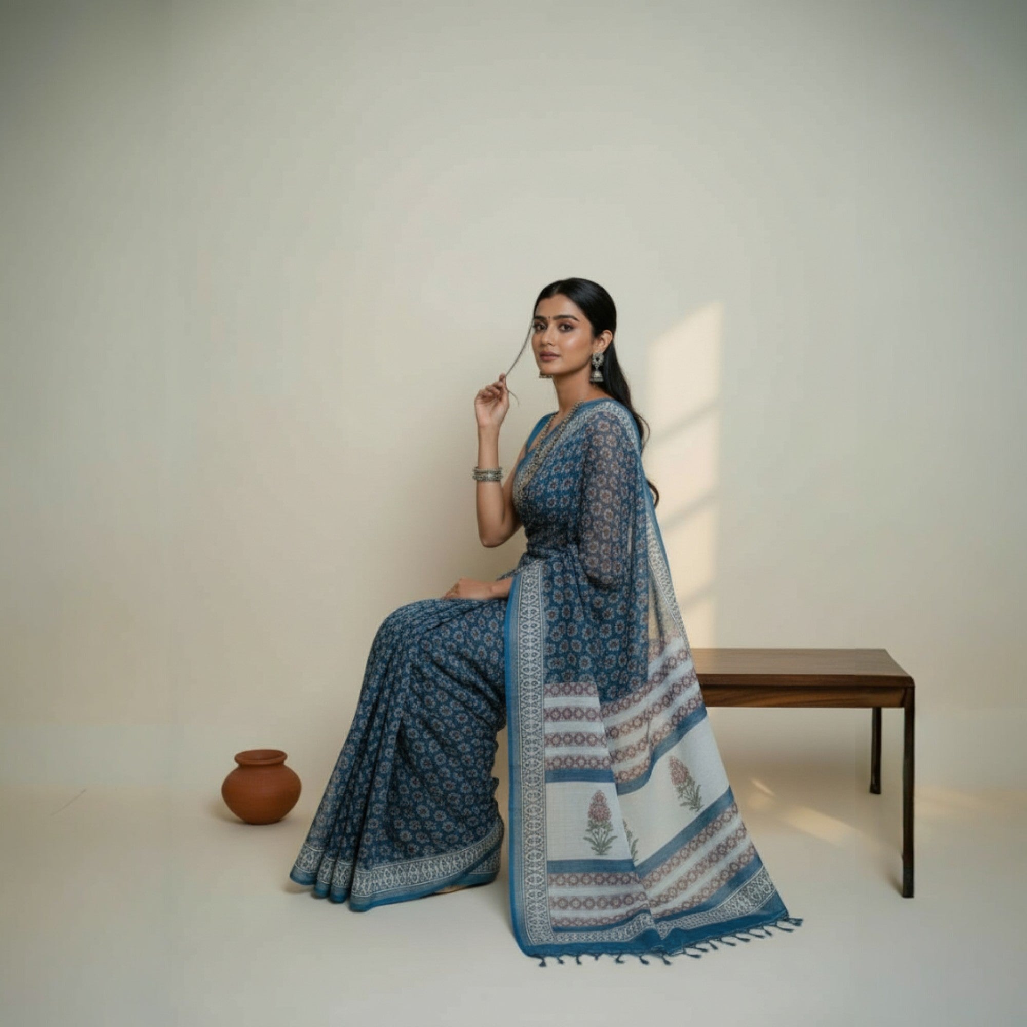 Blue Red Floral Handblock Print Cotton Saree