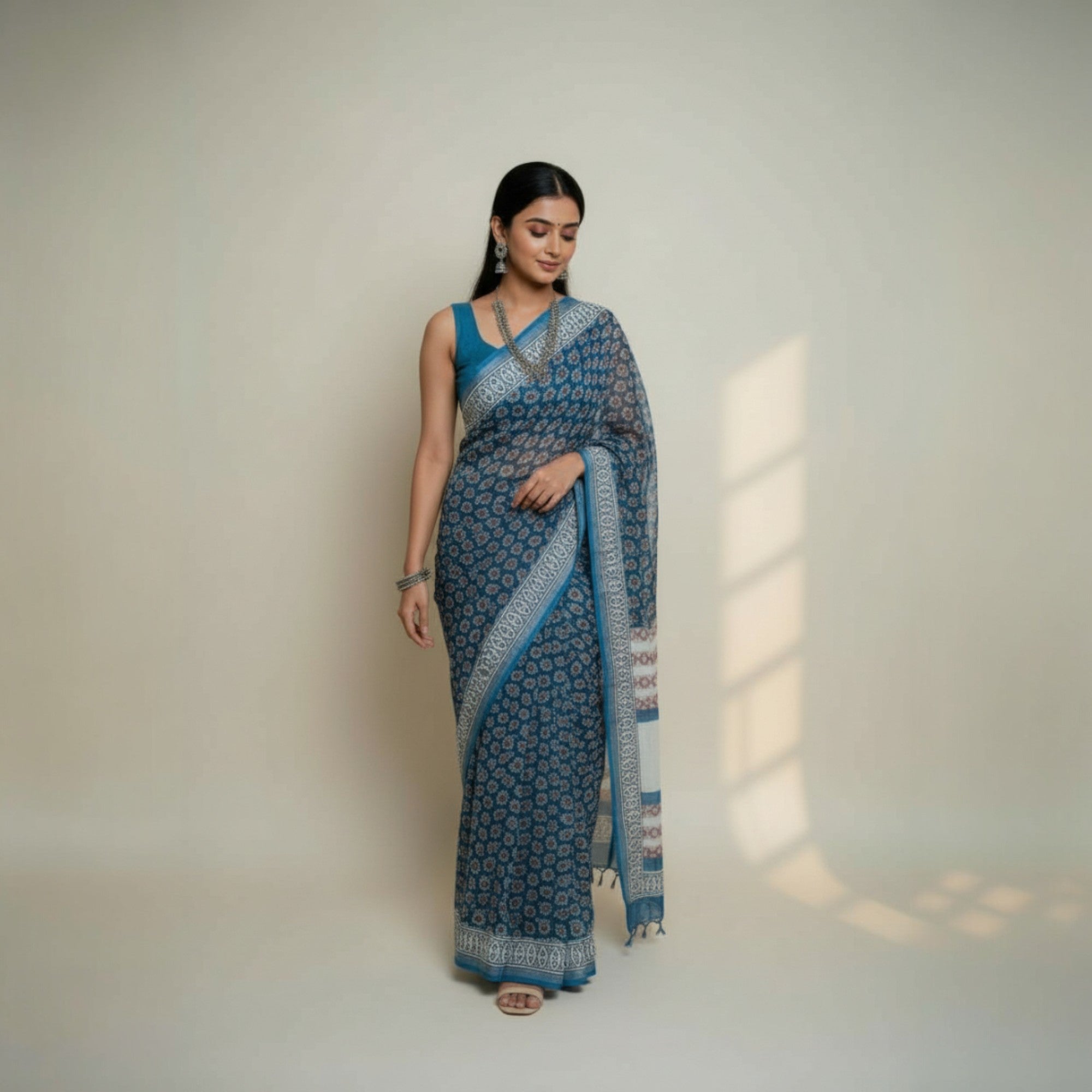 Blue Red Floral Handblock Print Cotton Saree