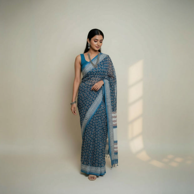 Blue Red Floral Handblock Print Cotton Saree