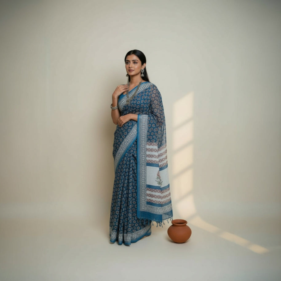Blue Red Floral Handblock Print Cotton Saree