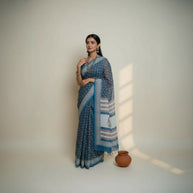 Blue Red Floral Handblock Print Cotton Saree