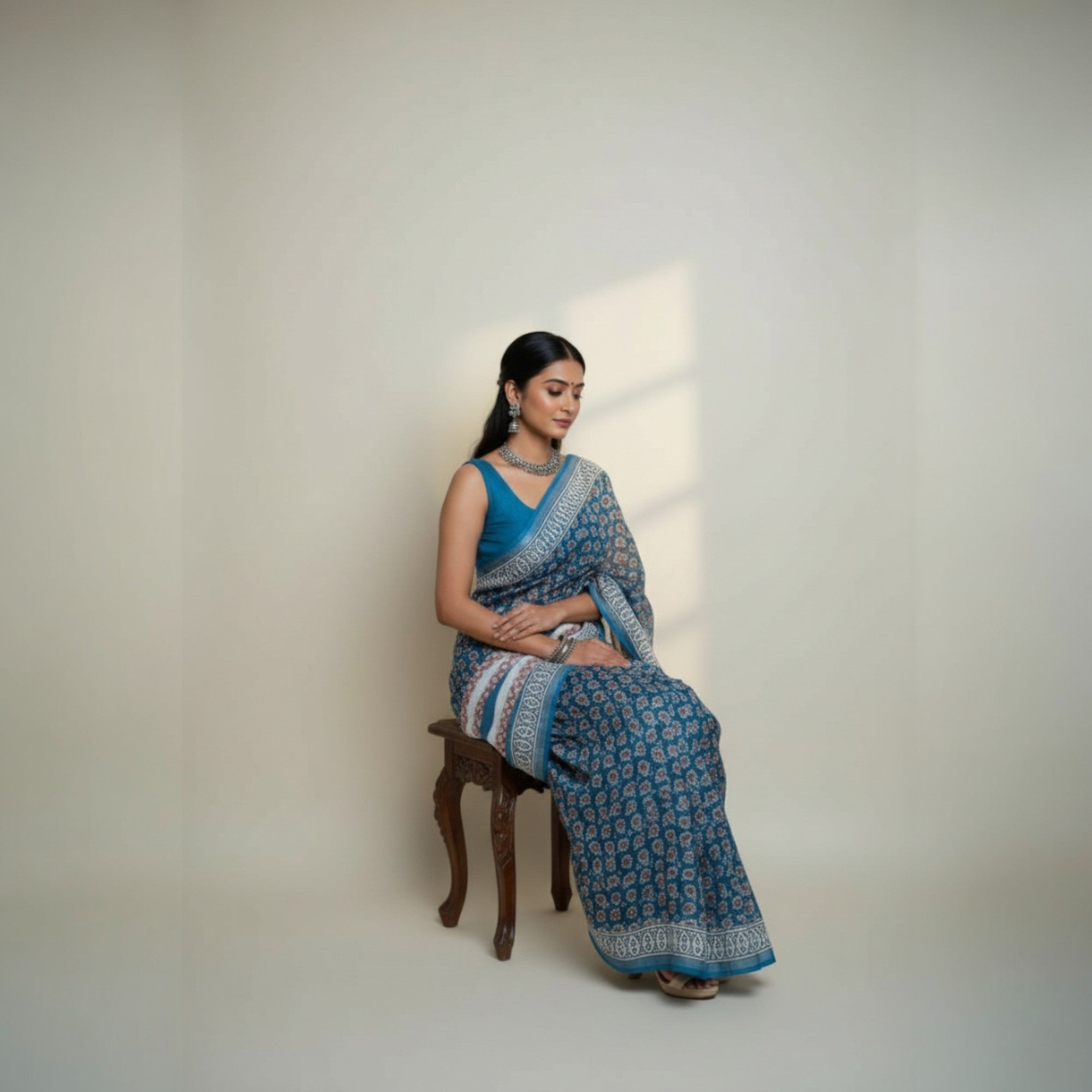 Blue Red Floral Handblock Print Cotton Saree