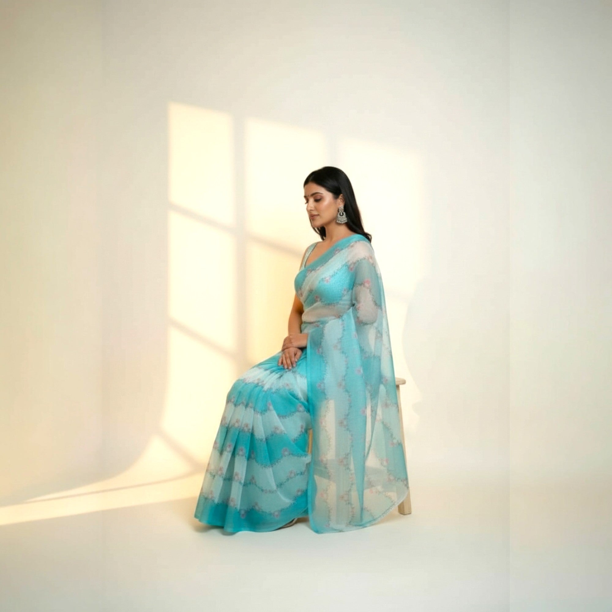 Sky Blue Floral Kota Cotton Saree