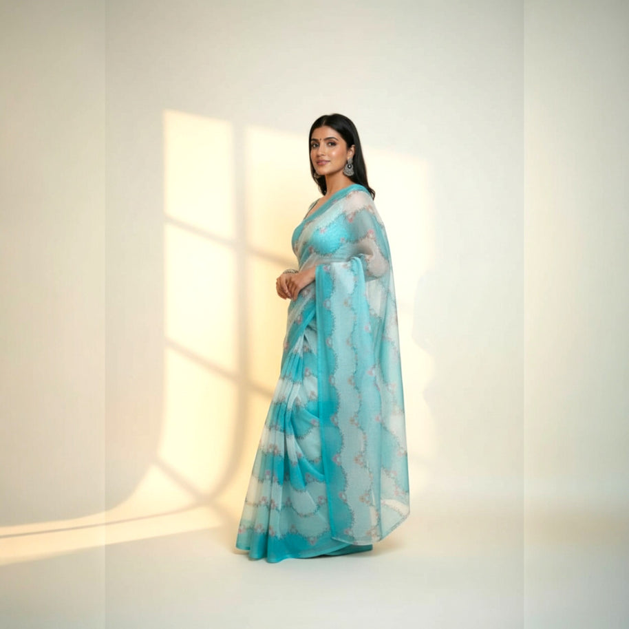 Sky Blue Floral Kota Cotton Saree